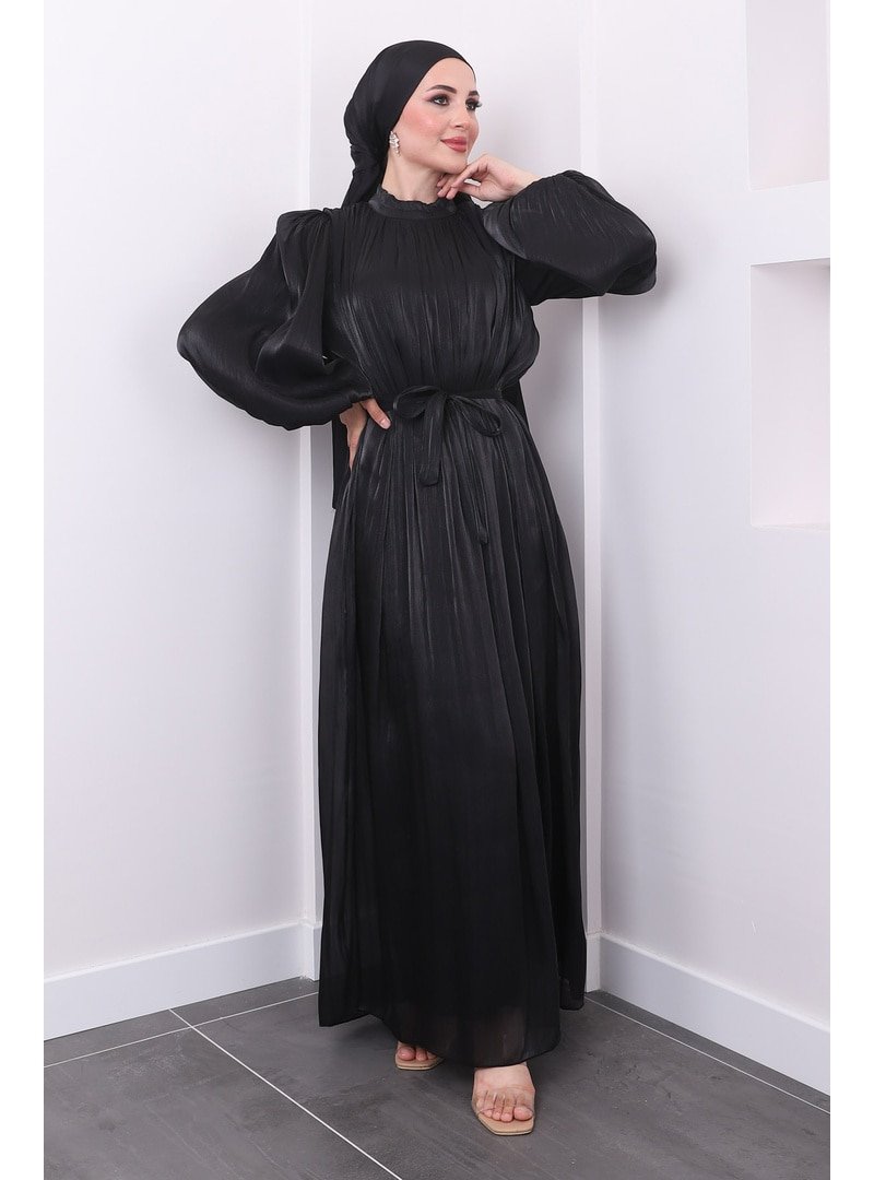 İmaj Butik Siyah Bel Kuşaklı Şifon Parlak Abiye Elbise