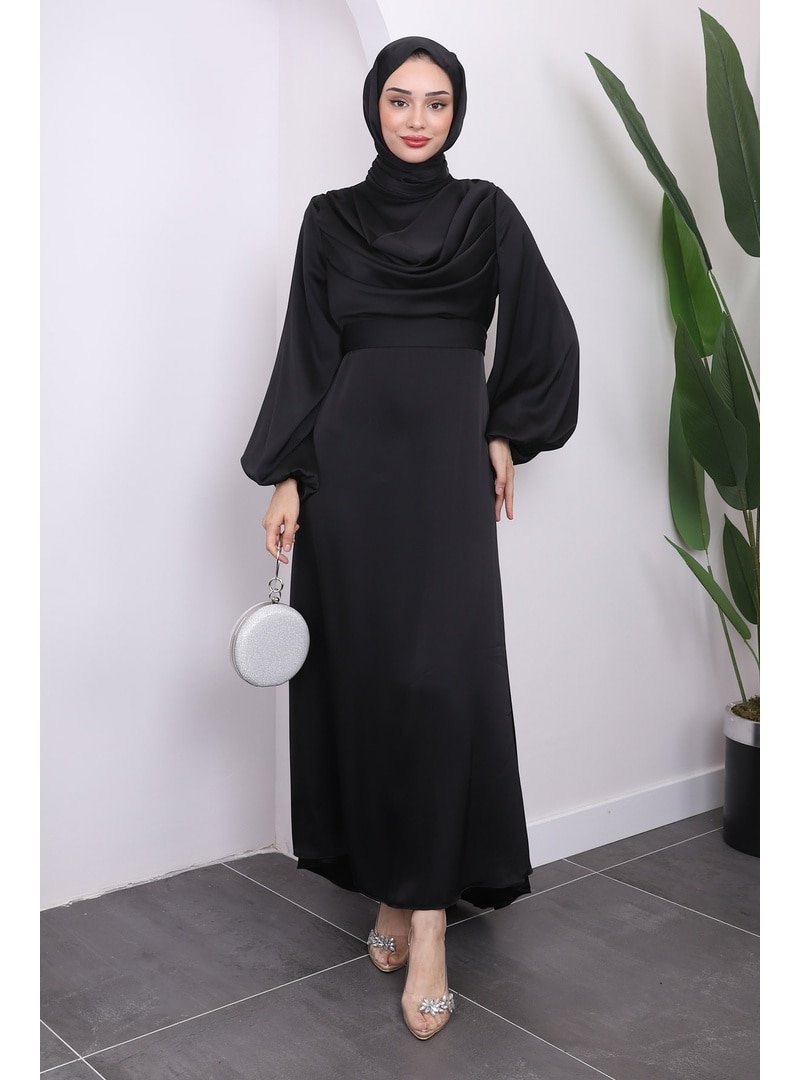 İmaj Butik Siyah Yaka Detaylı Balon Kol Saten Abiye Elbise