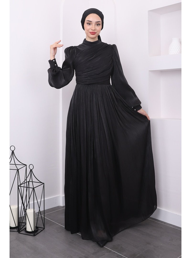 İmaj Butik Siyah Yaka Detaylı Balon Kol Abiye Elbise