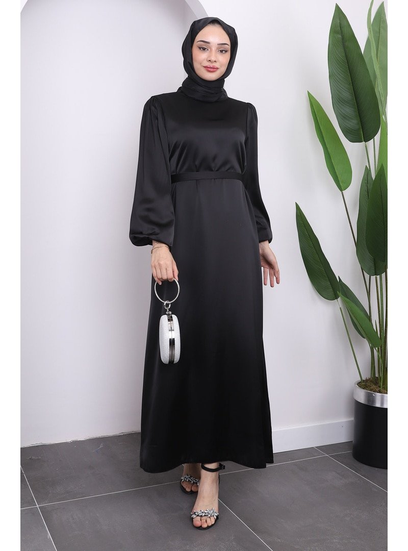 İmaj Butik Siyah Hakim Yaka Balon Kol Saten Abiye Elbise