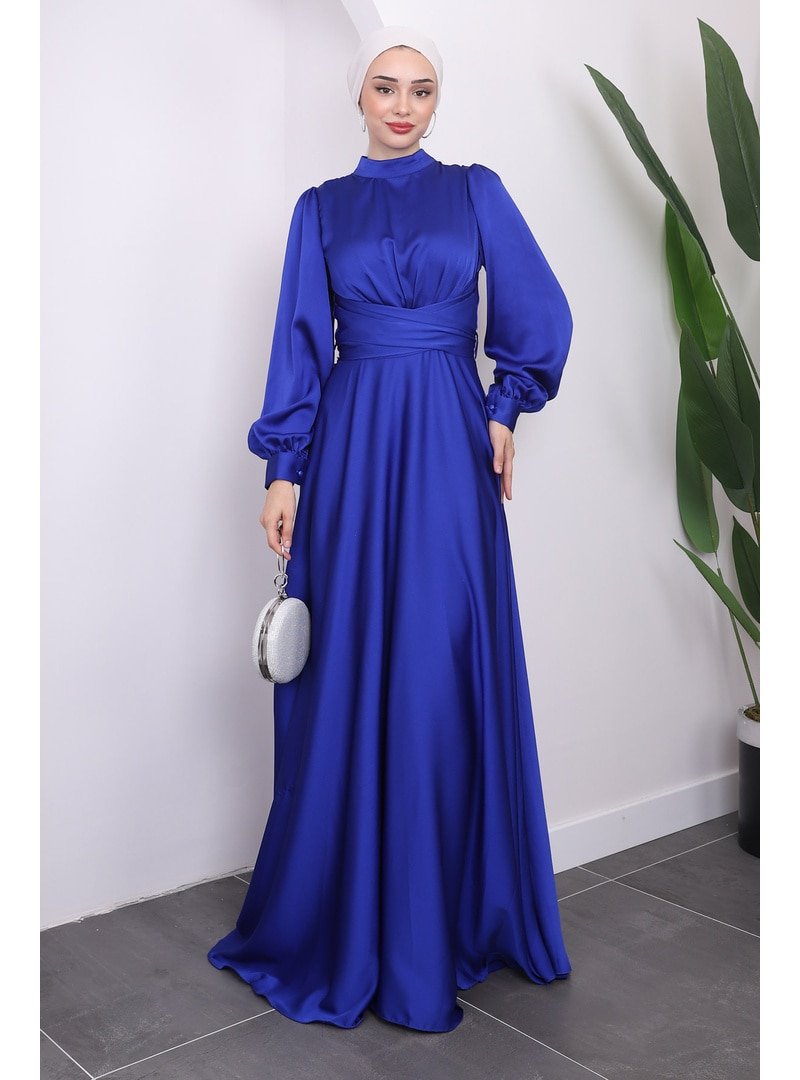 İmaj Butik Saks Mavisi Ön Bağlamlı Saten Abiye Elbise