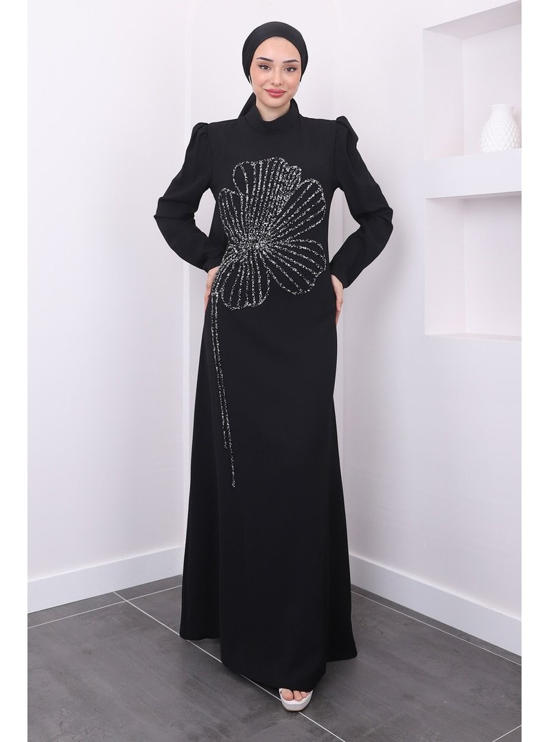 İmaj Butik Siyah Önü Taş İşlemeli Nursema Abiye Elbise