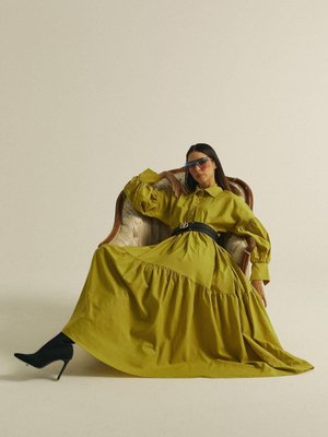 Markaliste Kemerli Elbise Yağ Yeşili