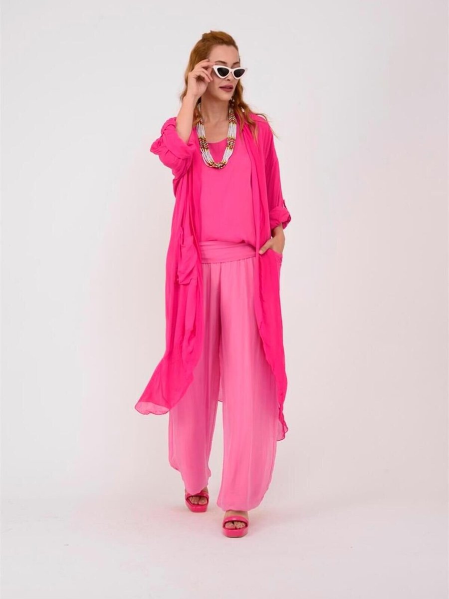 Bohem Stil Pembe Italyan Korsajlı Astarlı Wes İpek Pantolon