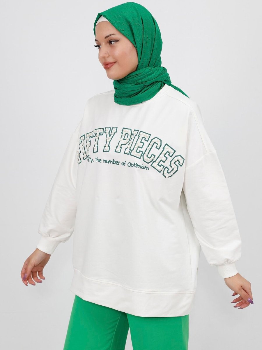 Butik Ekru Boncuk Ve Nakış Detaylı 2iplik Sweatshirt