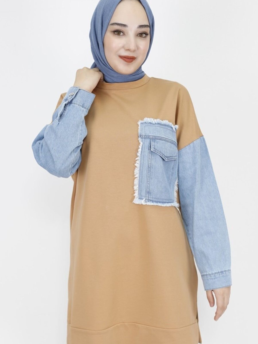 Butik Camel İp Kumaş Kot Cep Detaylı Sweatshirt