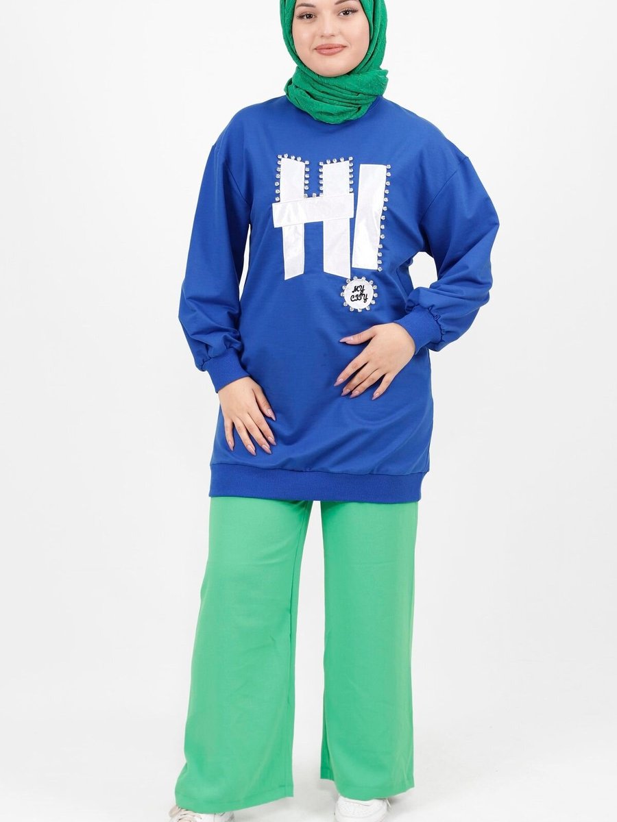 Bwest Saks Taş Ve Yazı Detaylı İplik Kumaş Sweatshirt