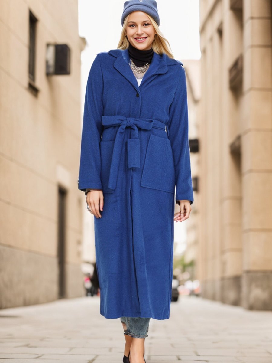 Layda Moda Saks Cepli Kuşaklı Kaşe Kaban