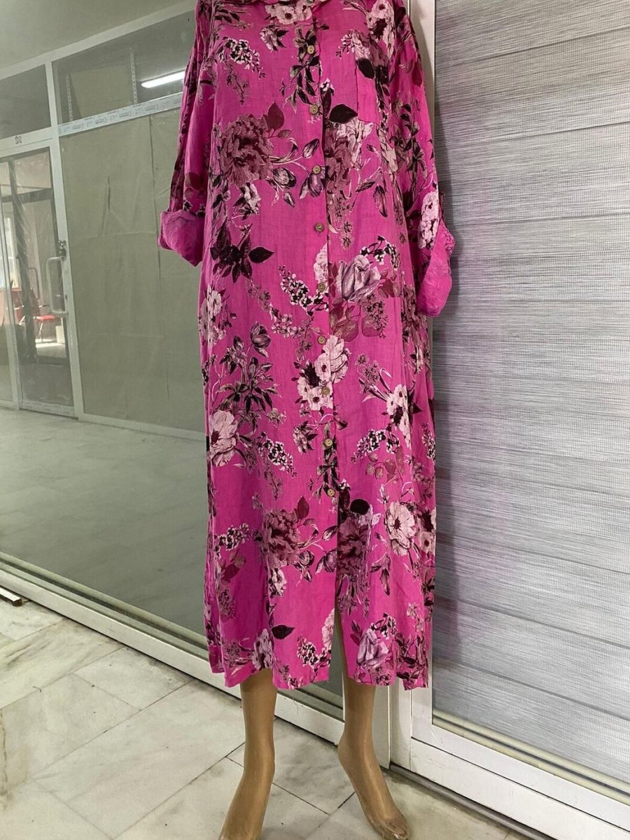 Bohem Stil Pembe İtalyan Yaka Uzun Kol Dijital Baskılı Keten Gömlek Elbise