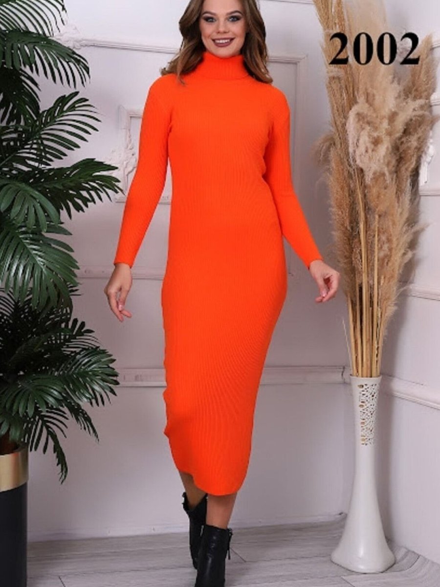 SFG Life Moda Orange Balıkçı Yaka Dar Slim Kesim Esnek Ve Akrilik Triko Kalem Elbise