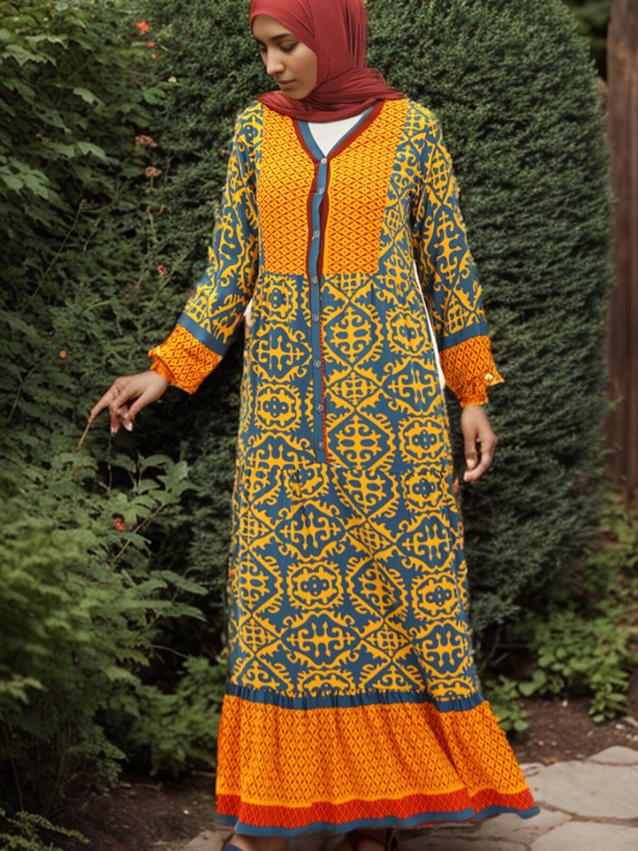 Layda Moda İndigo Sarı Desenli Viskon Elbise