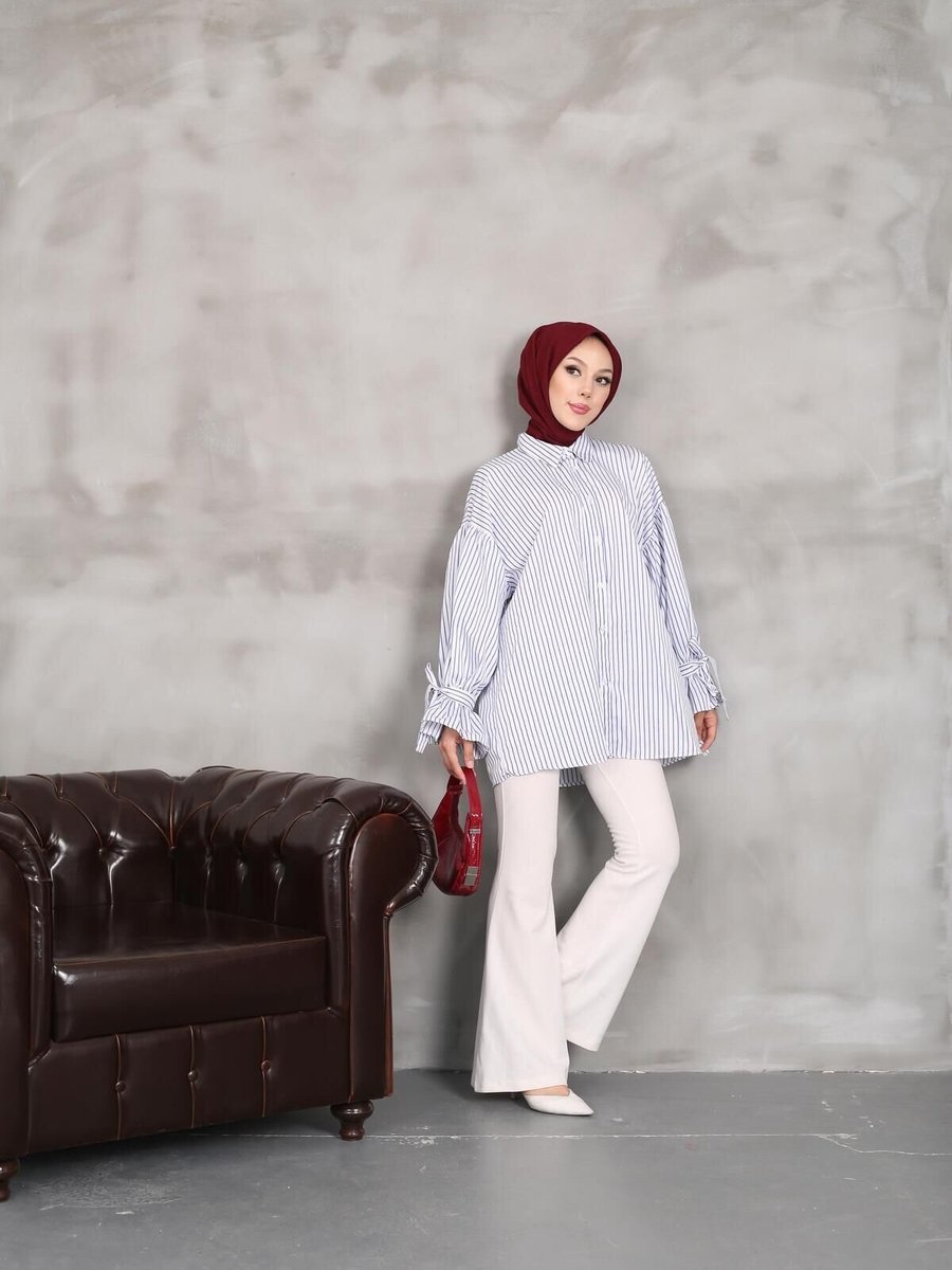 Nergis Neva Butik Beyaz Çizgili Kolları Baglamalı Tunik
