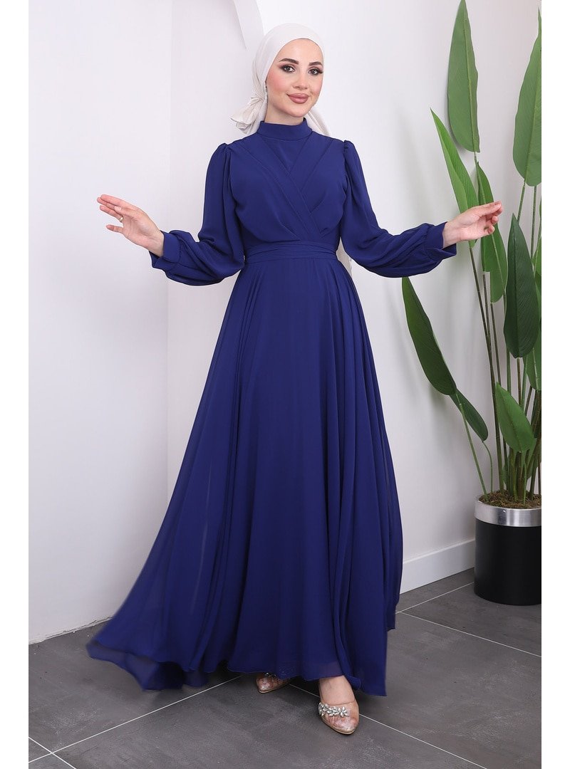 İmaj Butik Saks Mavisi Yaka Detaylı Bel Kuşaklı Abiye Elbise