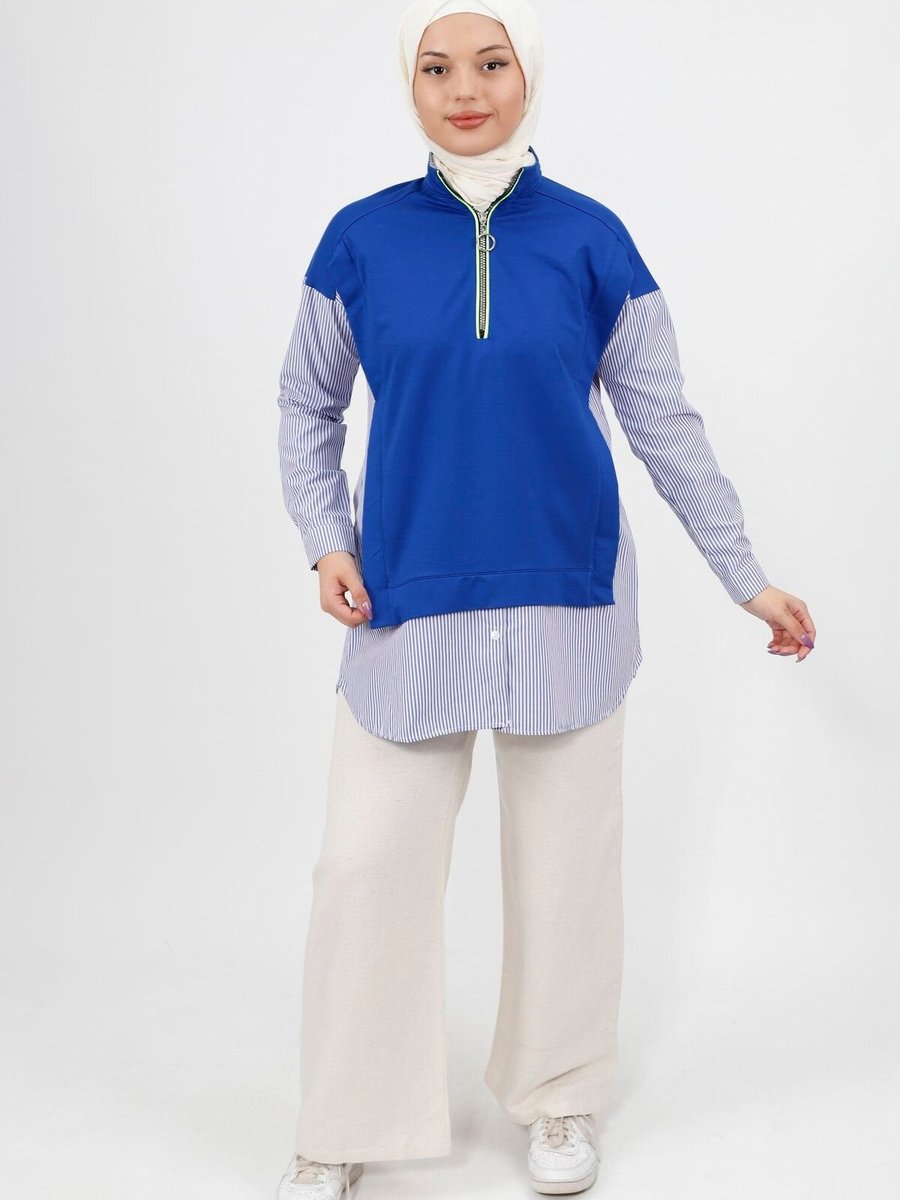 Bwest Saks Fermuar Detaylı Gömlek Garnili İplik Kumaş Sweatshirt