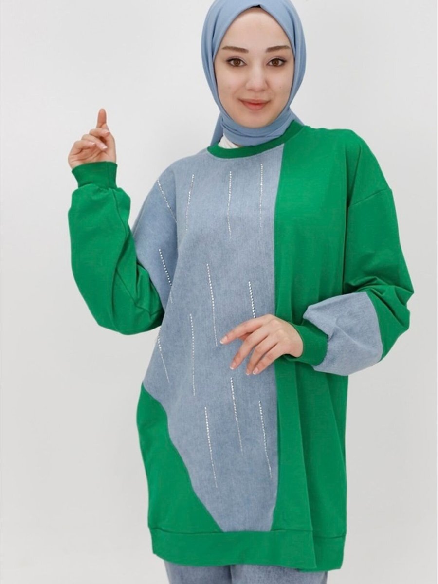 BYCOOLEST BUTİK Yeşil İp Kumaş Taş Şeritli Ve Kot Garnili Sweatshirt