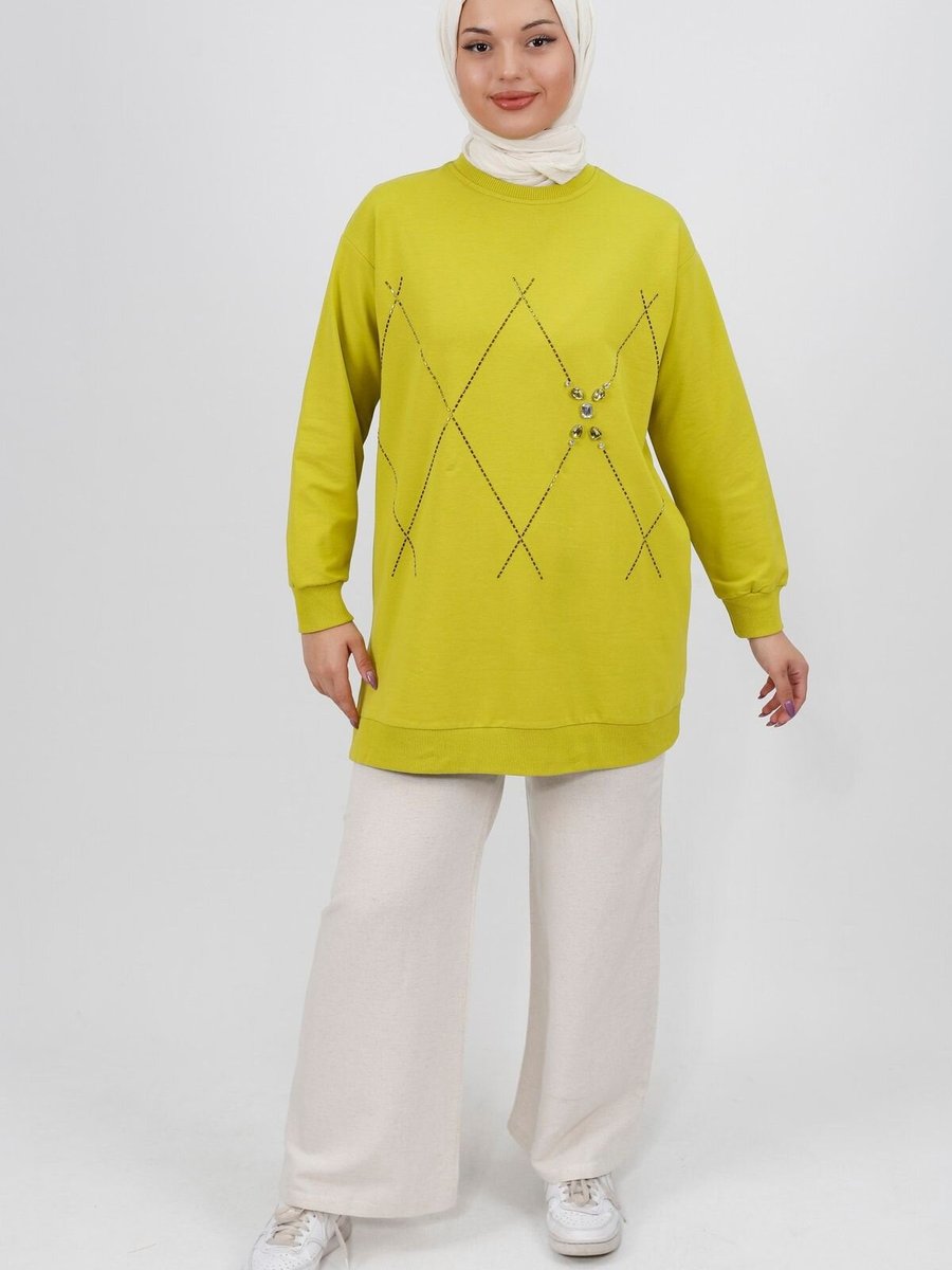 Butik Yağ Yeşili Taş Desenli İplik Sweatshirt