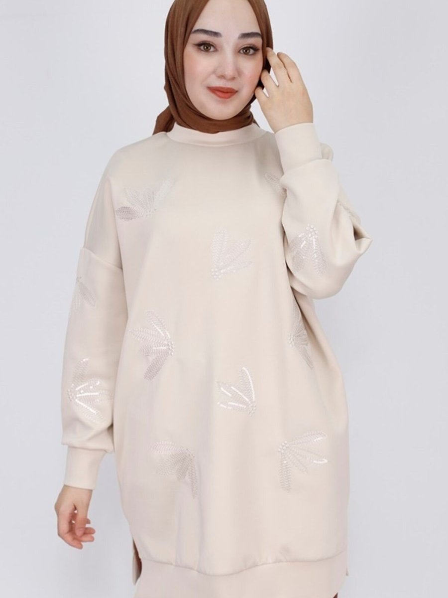 Puane Taş Scuba Kumaş Pul Ve Nakış Detaylı Sweatshirt