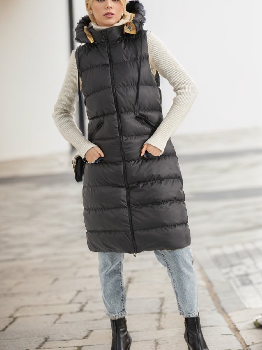 Layda Moda Siyah Sarı Fermuarlı Uzun Şişme Yelek