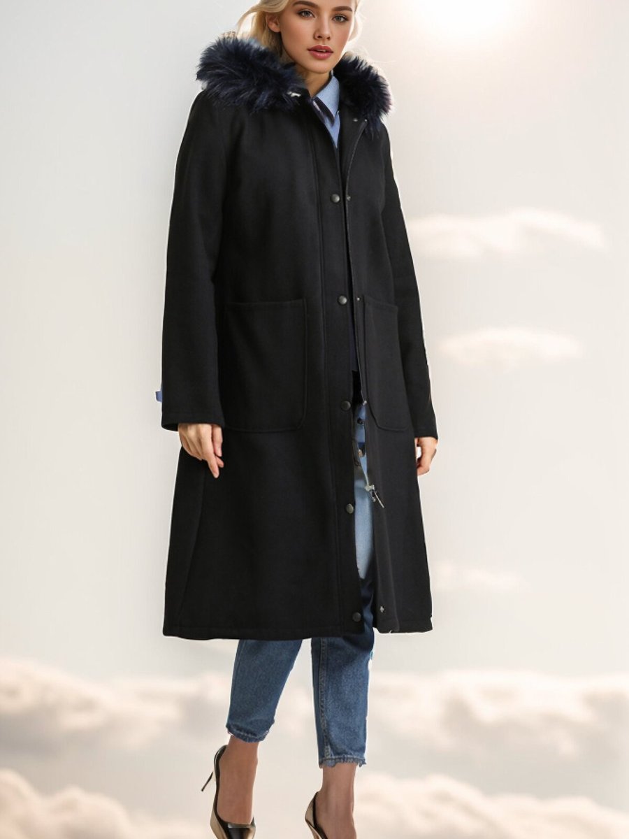 Layda Moda Lacivert Kürklü Kaşe Kaban