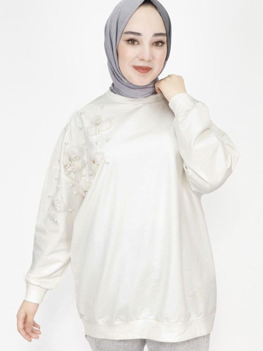 Butik Ekru İp Kumaş Tüy Ve İnci Detaylı Oversize Sweatshirt