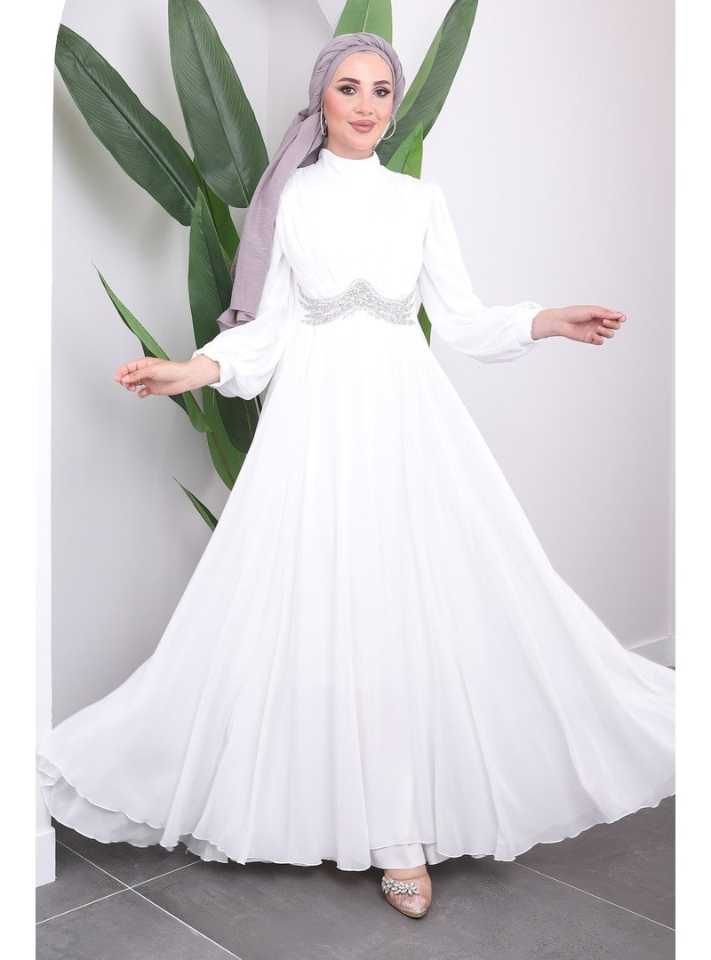 İmaj Butik Beyaz Taşlı Detaylı Piliseli Şifon Abiye Elbise