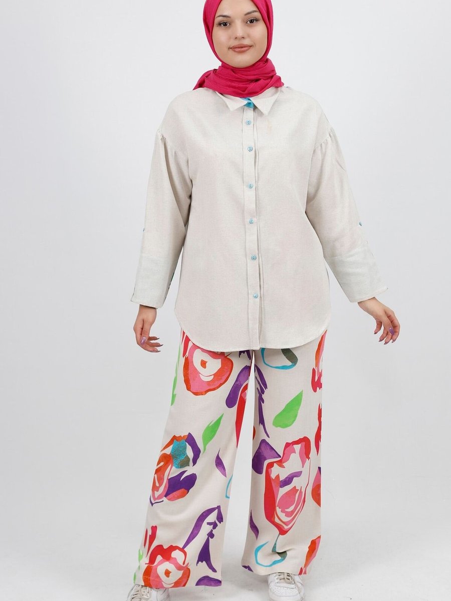Butik Mavi Dijital Desenli Kolyeli Keten Kumaş 2li Takım