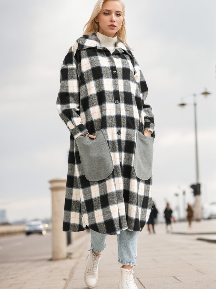 Layda Moda Siyah Ekose Desenli Düğmeli Kaban