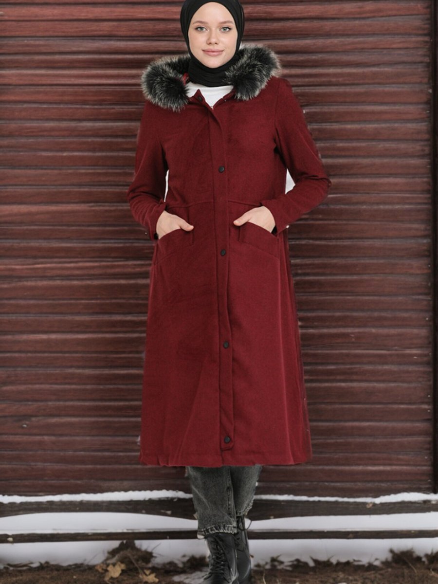 Layda Moda Bordo Hermes Kaşe Kaban