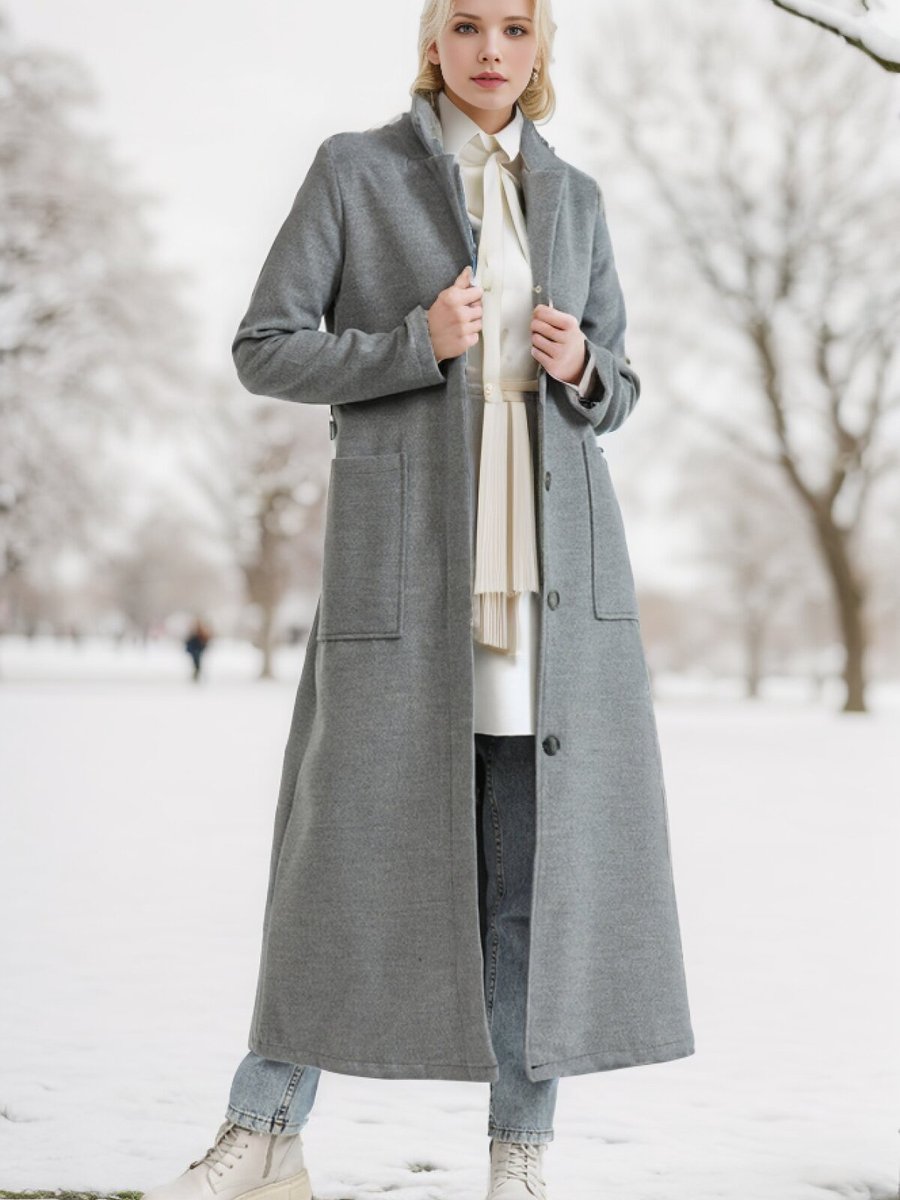 Layda Moda Gri Hermes Kaşe Kuşaklı Kaban