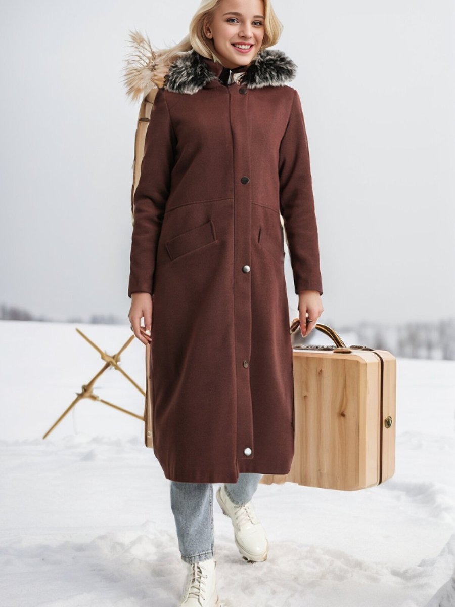 Layda Moda Kahverengi Hermes Kaşe Kürklü Kaban