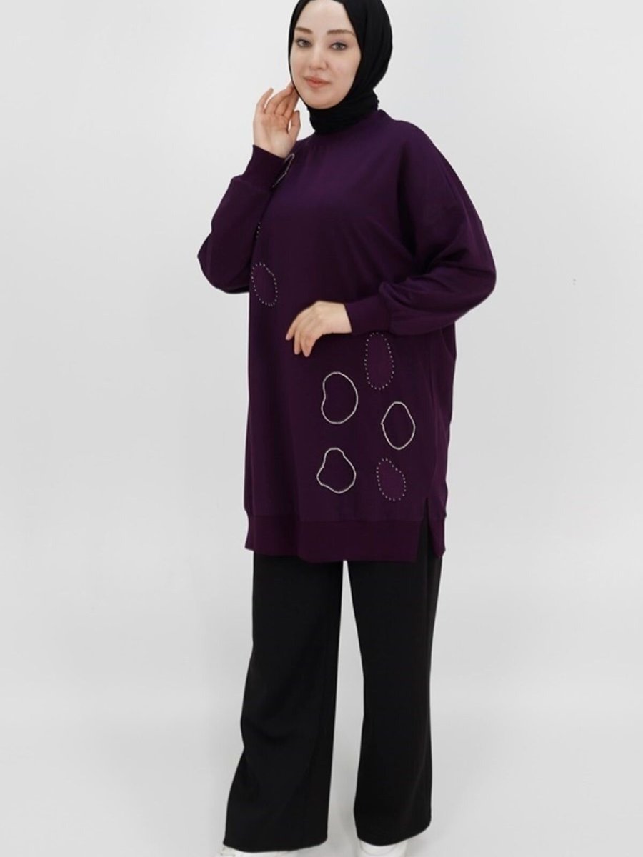 Puane Mor İp Kumaş Taş Ve Nakış Detaylı Sweatshirt