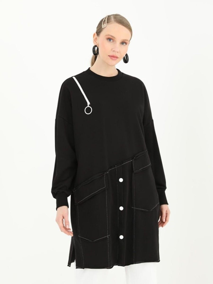 Puane Siyah İp Kumaş Fermuar Ve Cep Detaylı Sweatshirt