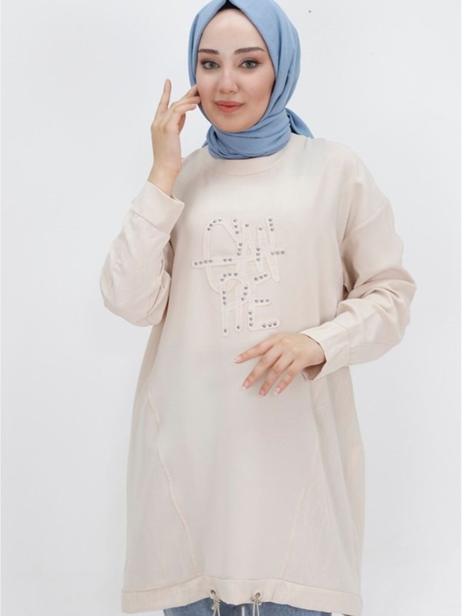 Puane Taş Aerobin Kumaş Jakar Desenli Beli Lastikli Tunik