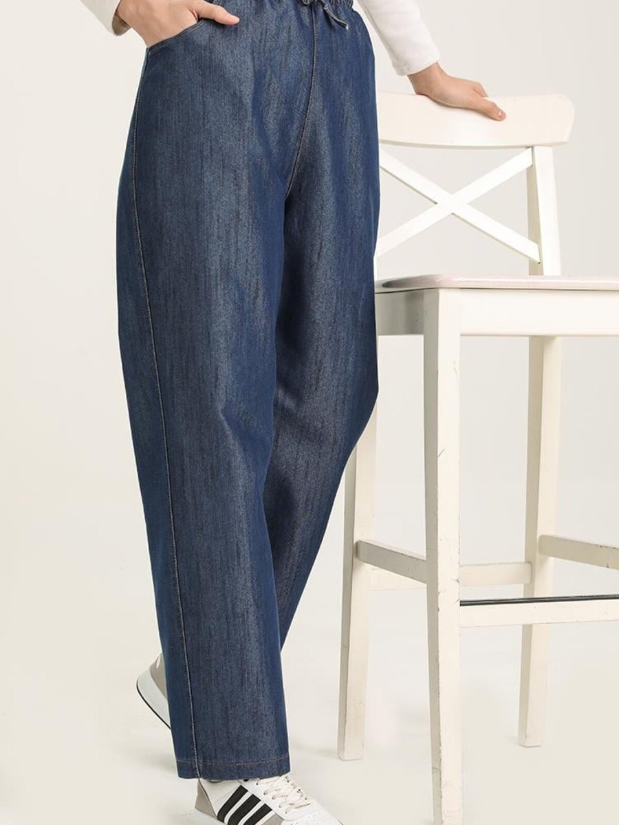 Layda Moda Lacivert Beli Lastikli Kot Pantolon
