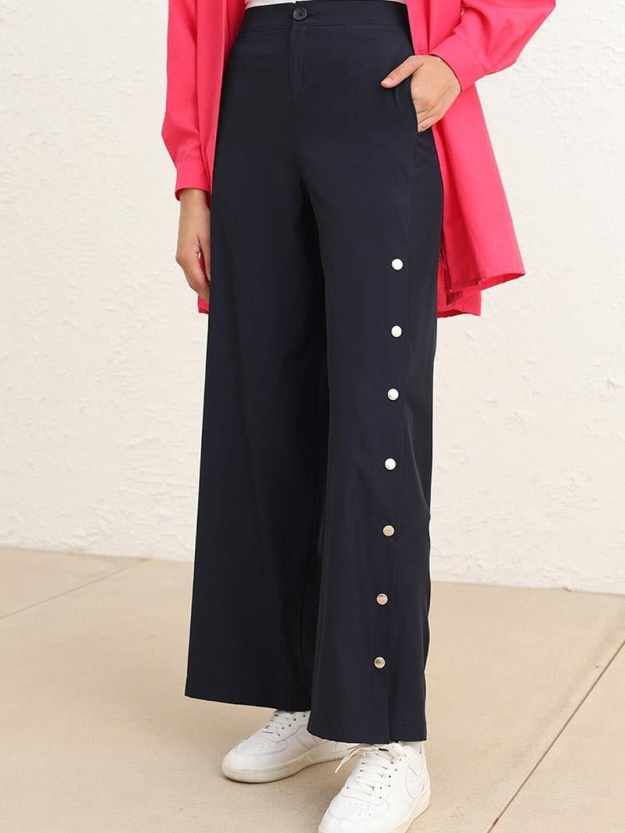 Layda Moda Koyu Lacivert Cepli Bol Paça Pantolon