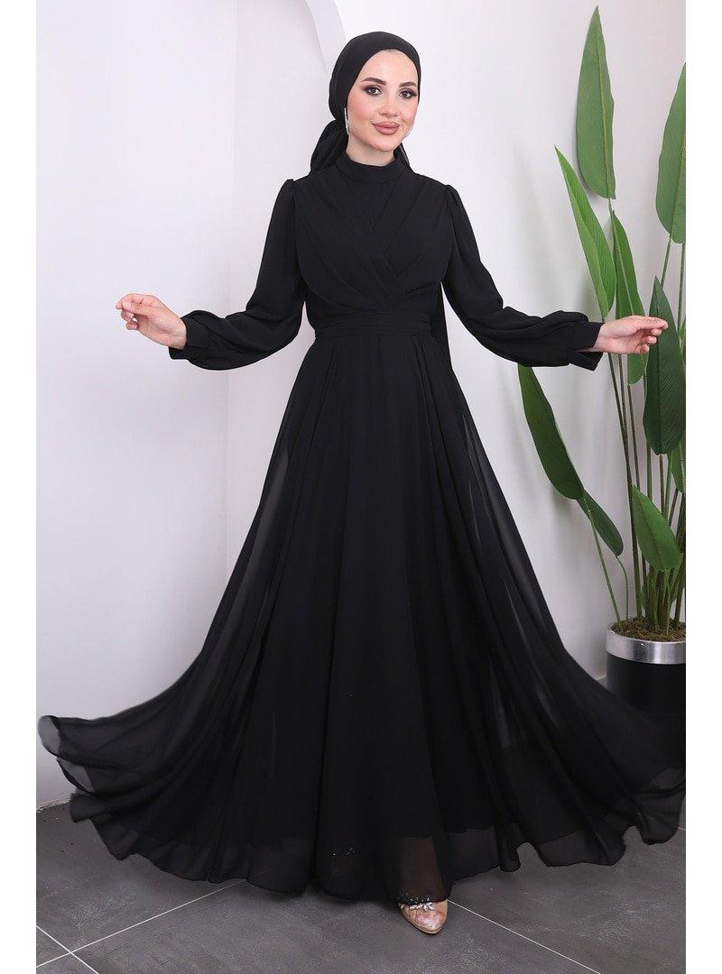 İmaj Butik Siyah Yaka Detaylı Bel Kuşaklı Abiye Elbise