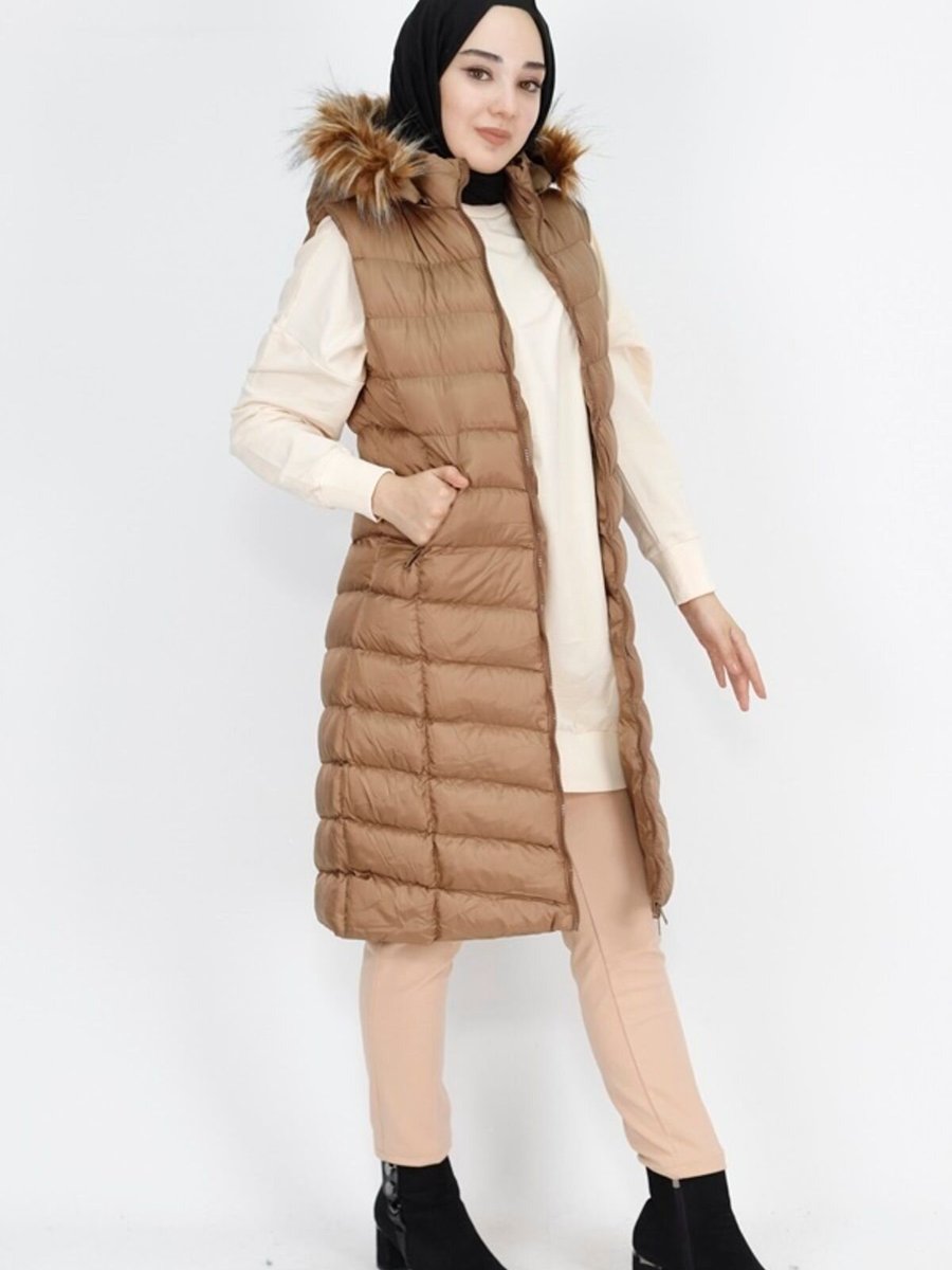 BYCOOLEST BUTİK Camel Cep Fermuarlı Dolum Büyük Beden Şişme Yelek