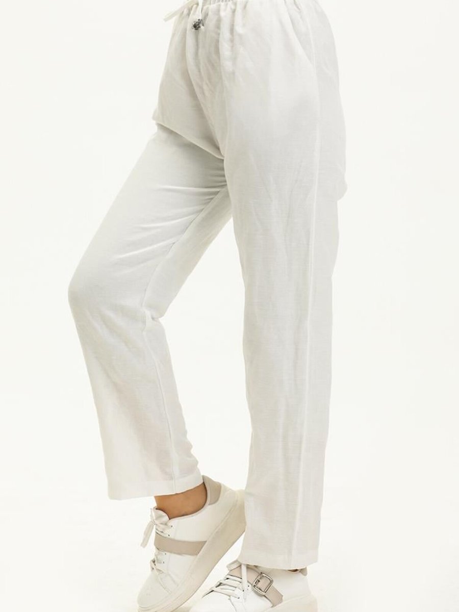 Layda Moda Ekru Beli Lastikli Cepli Keten Pantolon