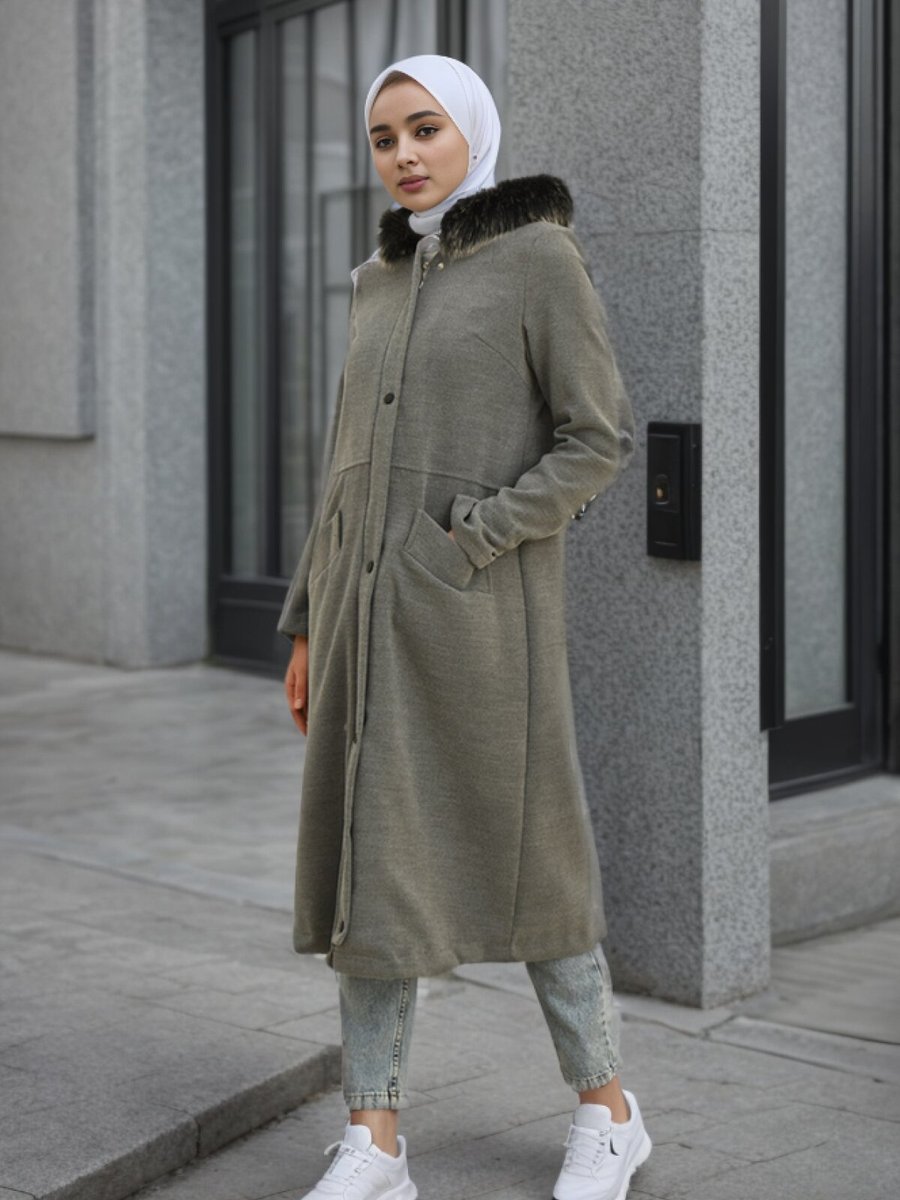 Layda Moda Gri Hermes Kaşe Kaban