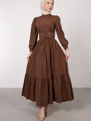 Lamia Giyim Beli Çapraz Bağcıklı Vintage Elbise Kahverengi
