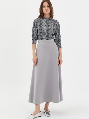 Markaliste Fermuarlı Uzun Scuba Etek Gri