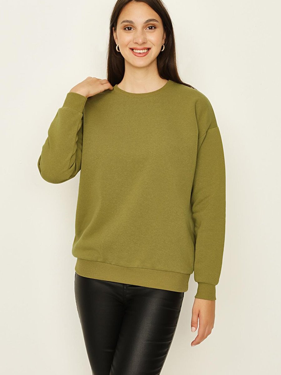 Select Moda Haki Şardonlu Basic Örme Sweatshirt