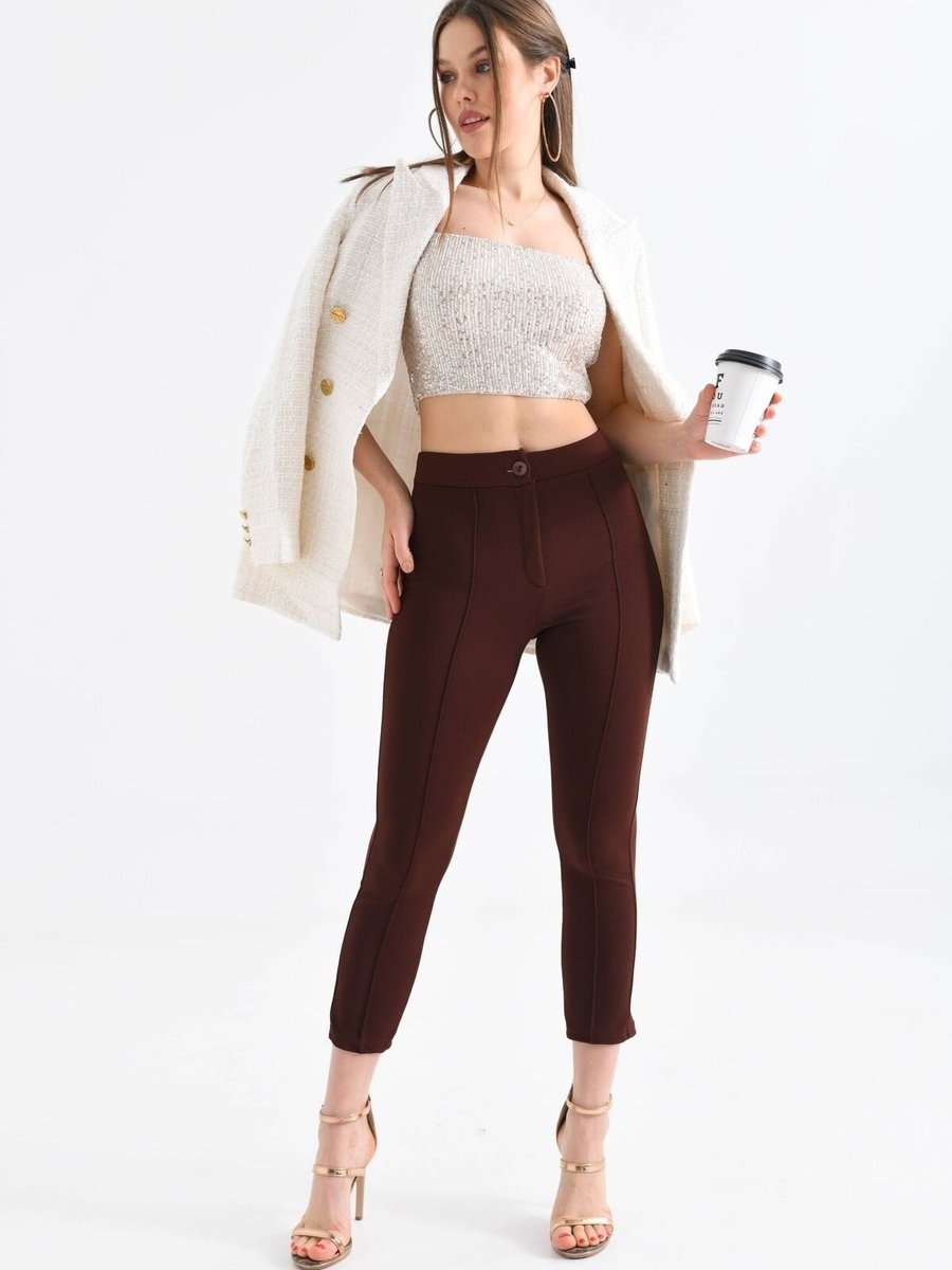 VOLT CLOTHİNG Kahverengi Yüksek Bel Toparlayıcı Dar Paça Çimalı Kumaş Pantolon