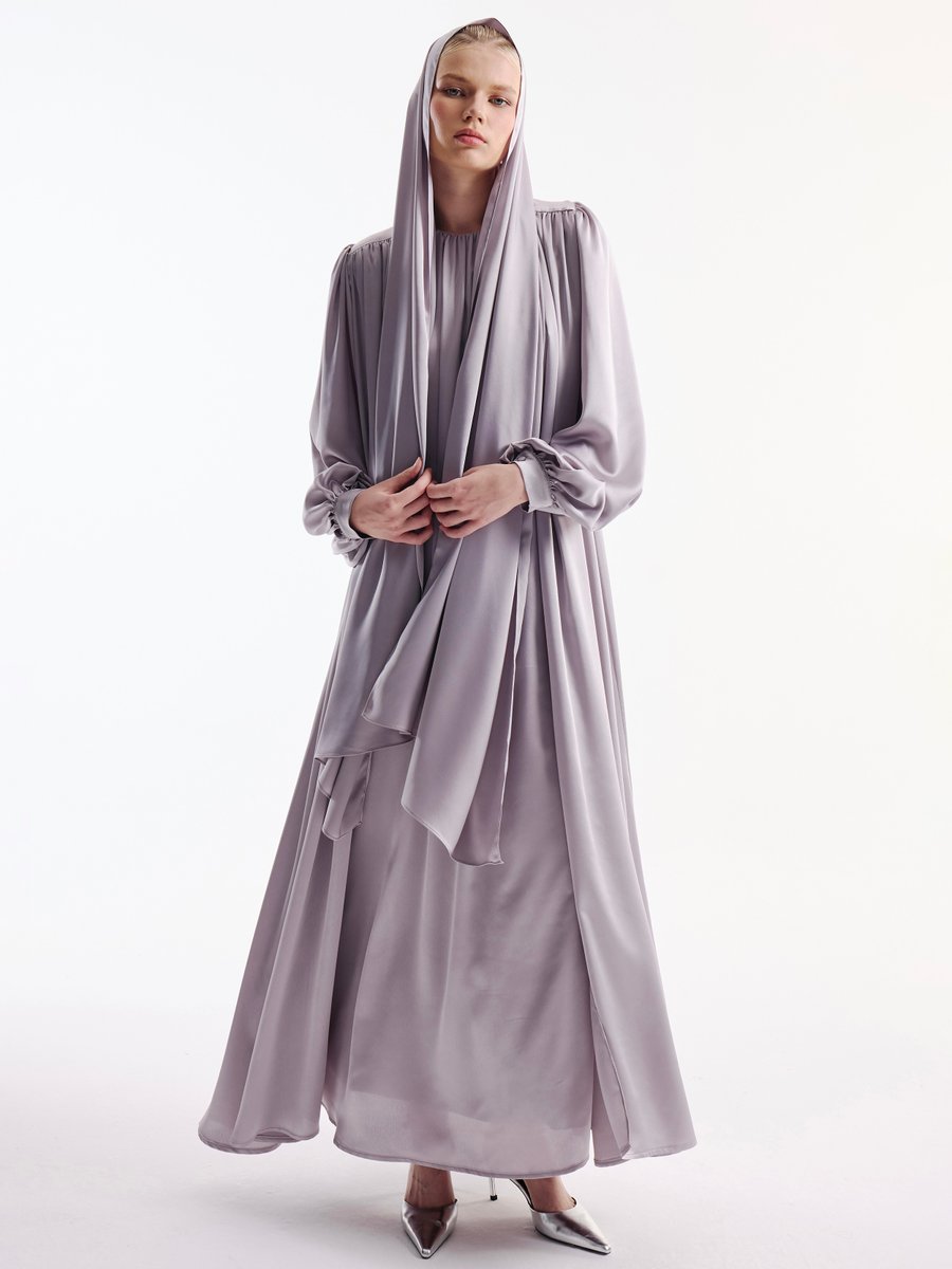 Nuum Design Gri Saten Abaya Elbise Takım & Şal