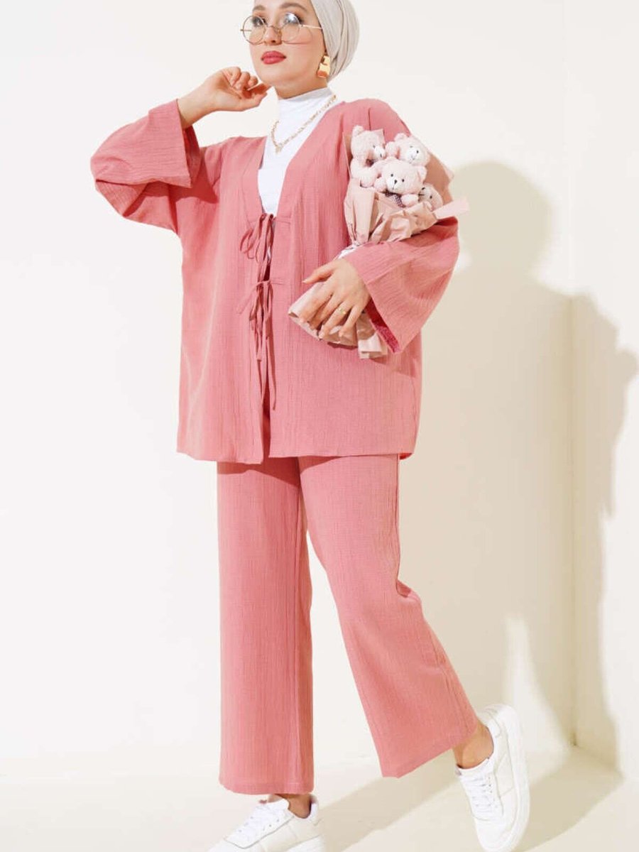 VOLT CLOTHİNG Pudra Önü Bağlamalı Kimono İkili Takım