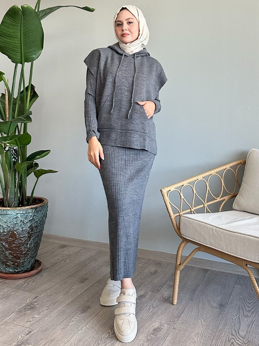 Instyle Kapüşonlu Elbiseli Gri Triko Takım