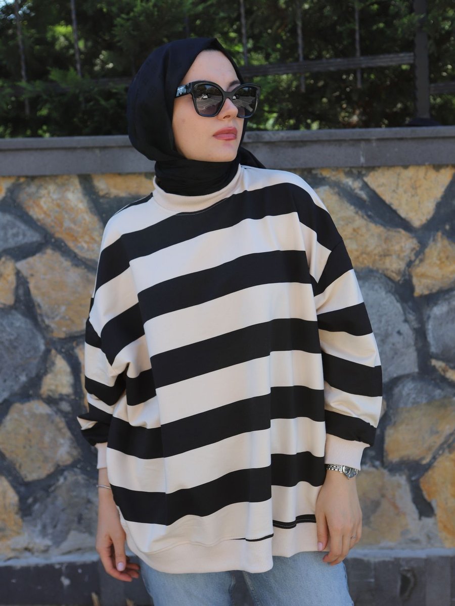 Belle Boutıque Ekru Çizgili Örme Tesettür Sweatshirt
