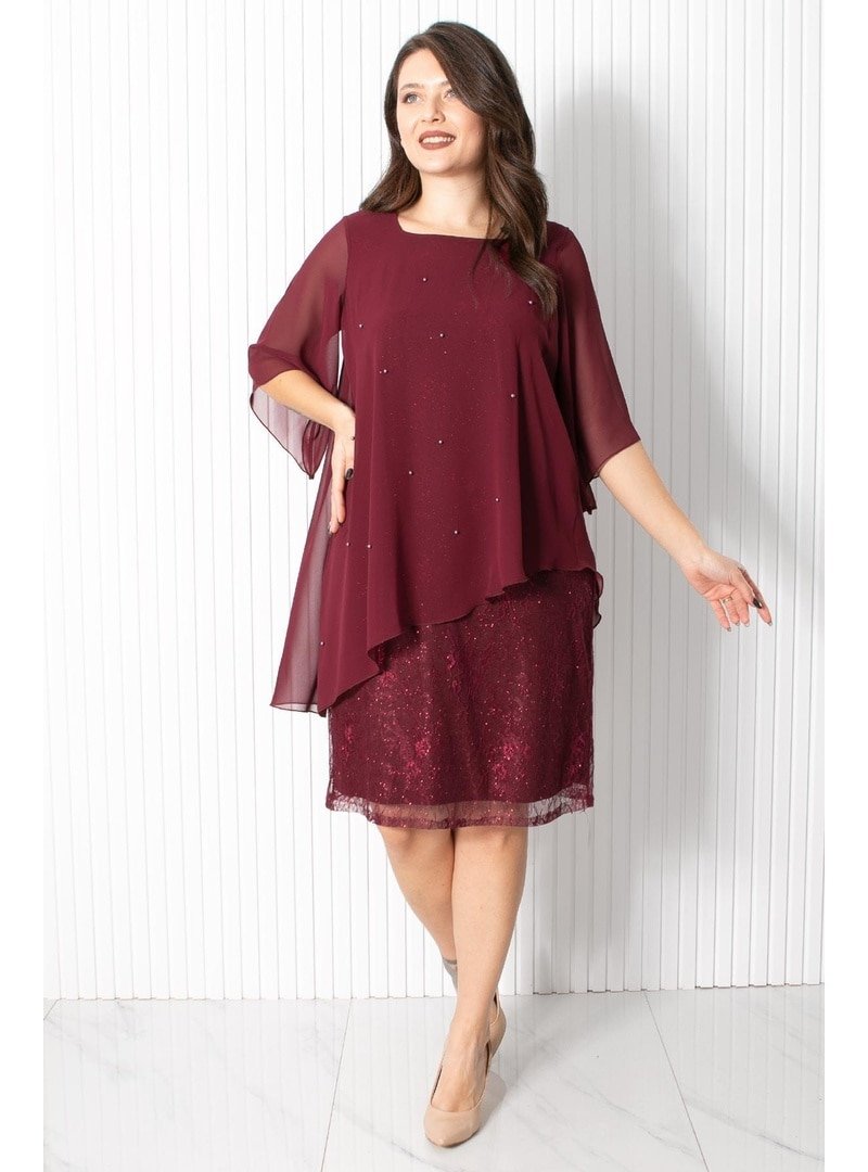 MFA Moda Bordo İncili Şifon Abiye Elbise