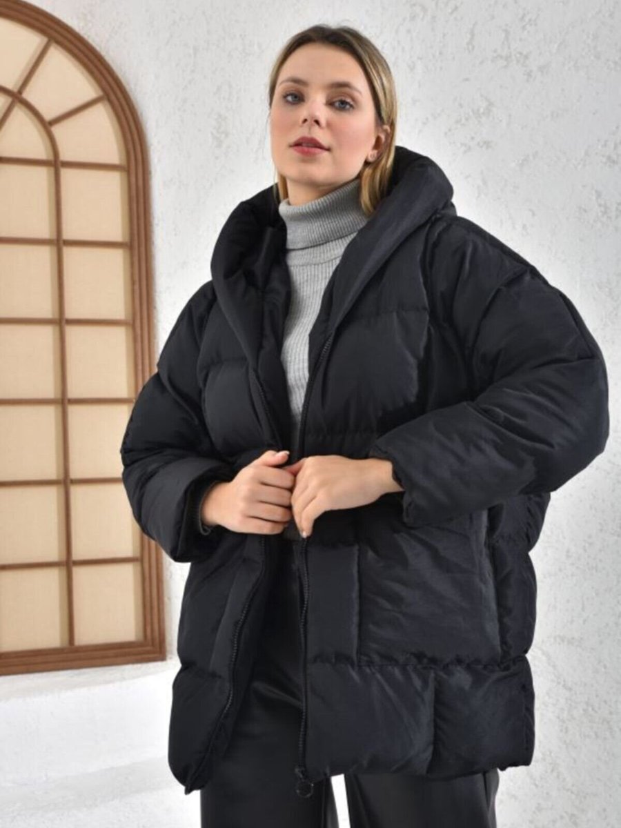 VOLT CLOTHİNG Siyah Büyük Çift Cepli Kapüşonlu Oversize Şişme Mont