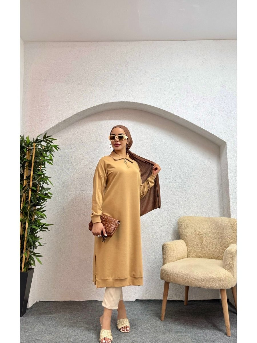 Emirfashion Rahat Kesim Polo Yaka Fermuarlı Taba Uzun Tunik Elbise